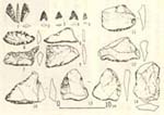 笹平遺跡出土の石器（木村原画）１ポイント ２－５石鏃　６－１４スクレイパー